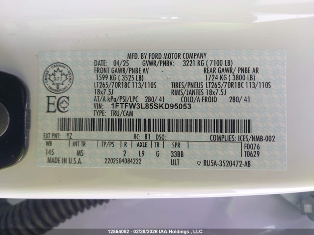 Aukcja sprzedaży 2025 Ford F150 Xlt, vin: 1FTFW3L85SKD95053, numer aukcji: 12554082