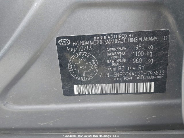 Aukcja sprzedaży 2013 Hyundai Sonata, vin: 5NPEC4AC2DH793632, numer aukcji: 12554088