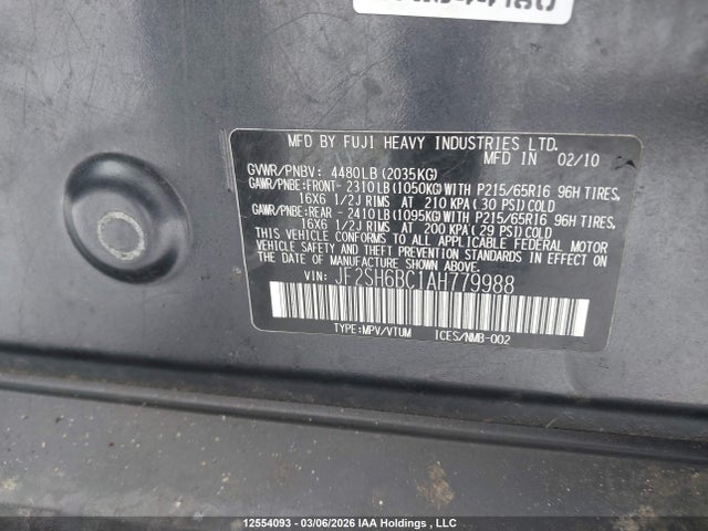 Продаж на аукціоні авто 2010 Subaru Forester Xs, vin: JF2SH6BC1AH779988, номер лоту: 12554093