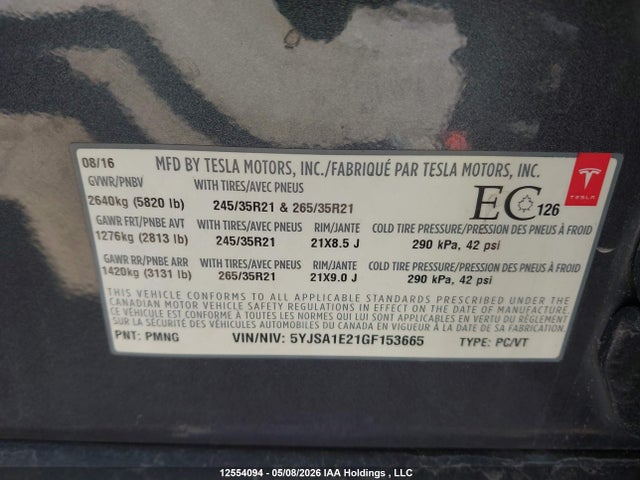 Tesla MODEL S 2016 5YJSA1E21GF153665 Image 9