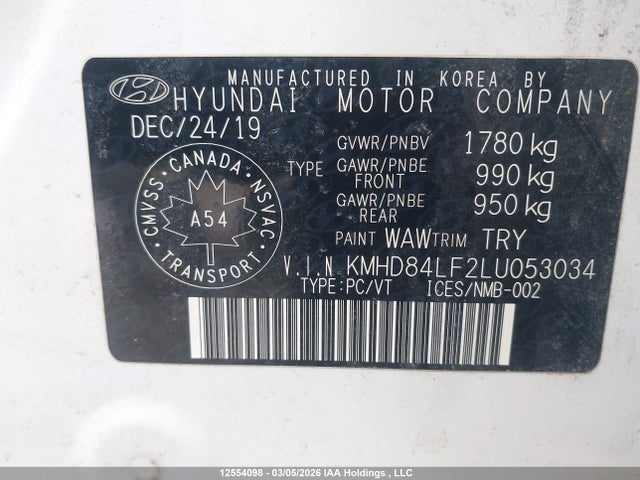 Продаж на аукціоні авто 2020 Hyundai Elantra Sel/value/limited, vin: KMHD84LF2LU053034, номер лоту: 12554098