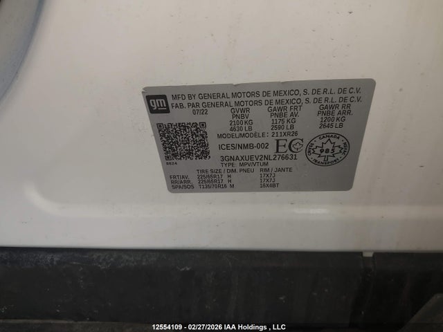 12554109 :رقم المزاد ، 3GNAXUEV2NL276631 vin ، 2022 Chevrolet Equinox Lt مزاد بيع