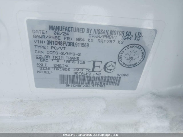 Aukcja sprzedaży 2024 Nissan Versa Sr, vin: 3N1CN8FV3RL911569, numer aukcji: 12554119