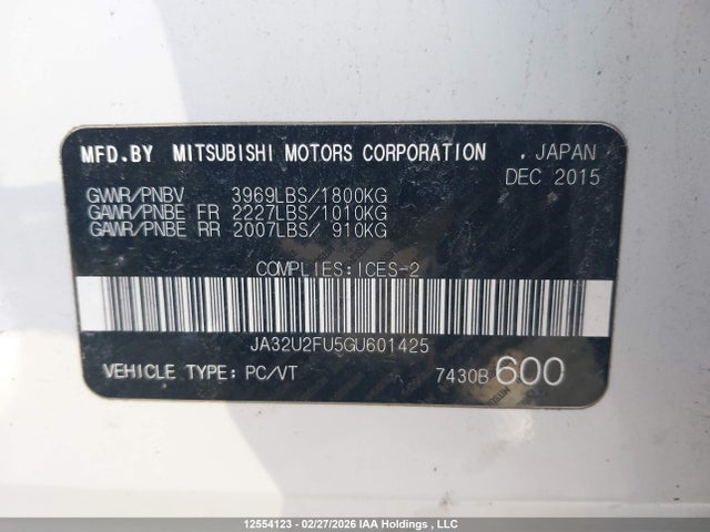 Aukcja sprzedaży 2016 Mitsubishi Lancer, vin: JA32U2FU5GU601425, numer aukcji: 12554123