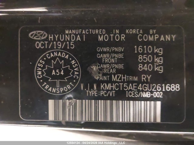 2016 Hyundai Accent Gl მანქანა იყიდება აუქციონზე, vin: KMHCT5AE4GU261688, აუქციონის ნომერი: 12554124