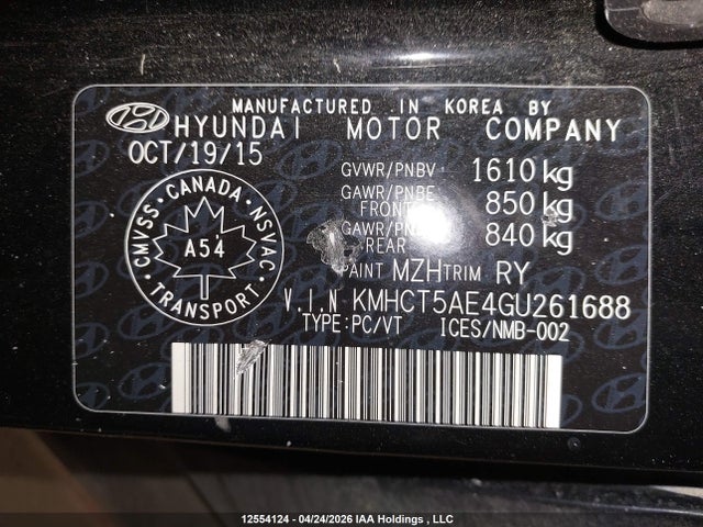 2016 Hyundai Accent Gl მანქანა იყიდება აუქციონზე, vin: KMHCT5AE4GU261688, აუქციონის ნომერი: 12554124