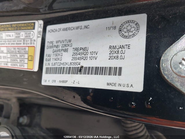 2019 Acura Rdx A-spec მანქანა იყიდება აუქციონზე, vin: 5J8TC2H63KL805504, აუქციონის ნომერი: 12554136
