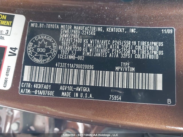 Aukcja sprzedaży 2009 Toyota Venza, vin: 4T3ZE11A79U020096, numer aukcji: 12554153