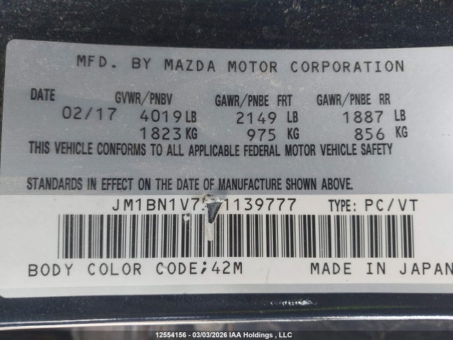 JM1BN1V75H1139777 Mazda 3 TOURING