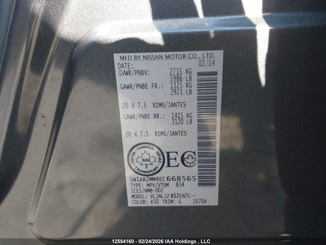 12554160 :رقم المزاد ، 5N1AR2MM4EC668565 vin ، 2014 Nissan Pathfinder Platinum/s/sl/sv مزاد بيع