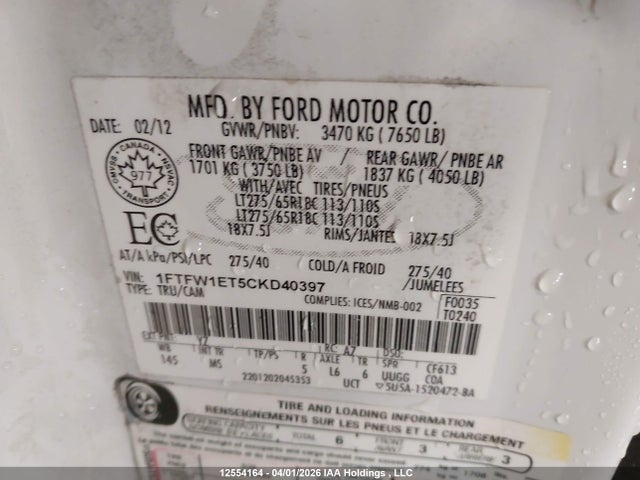Aukcja sprzedaży 2012 Ford F150 Supercrew, vin: 1FTFW1ET5CKD40397, numer aukcji: 12554164