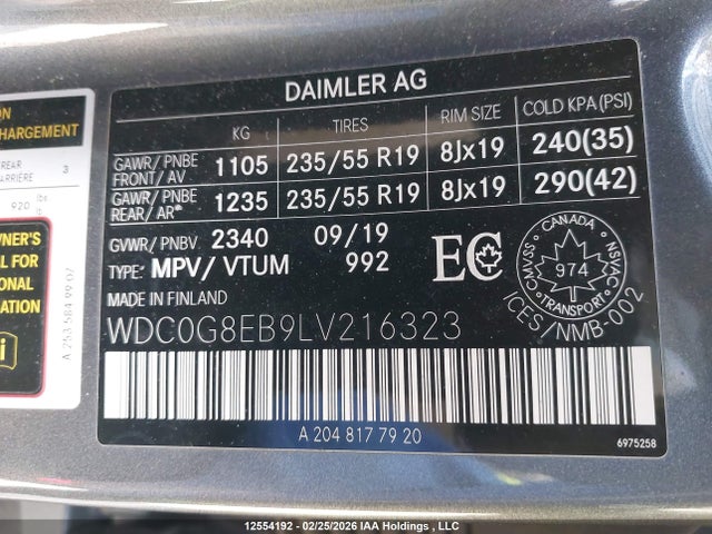 2020 Mercedes-benz Glc 300 4matic მანქანა იყიდება აუქციონზე, vin: WDC0G8EB9LV216323, აუქციონის ნომერი: 12554192