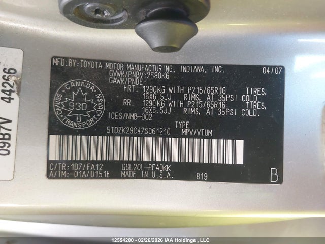 Aukcja sprzedaży 2007 Toyota Sienna Ce, vin: 5TDZK29C47S061210, numer aukcji: 12554200