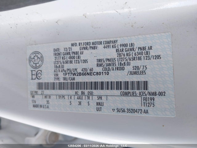 Aukcja sprzedaży 2022 Ford F-250 Xlt, vin: 1FT7W2B66NEC80110, numer aukcji: 12554206