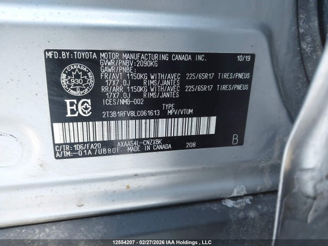 12554207 :رقم المزاد ، 2T3B1RFV8LC061613 vin ، 2020 Toyota Rav4 Le مزاد بيع
