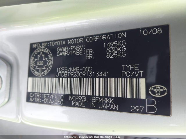 12554219 :رقم المزاد ، JTDBT923091313441 vin ، 2009 Toyota Yaris مزاد بيع