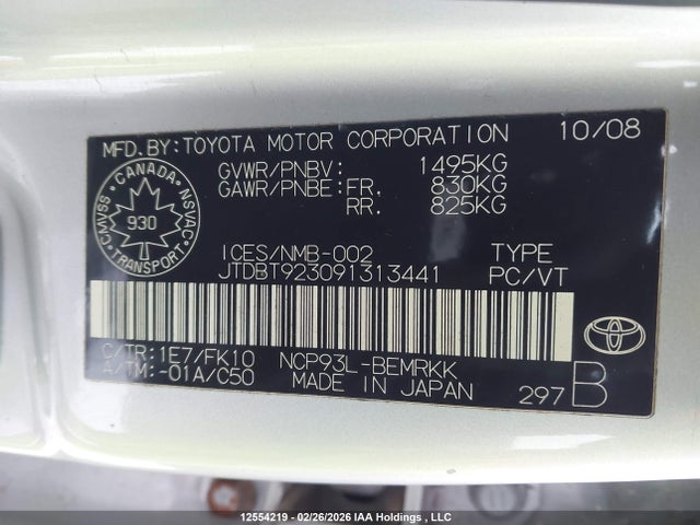 12554219 :رقم المزاد ، JTDBT923091313441 vin ، 2009 Toyota Yaris مزاد بيع