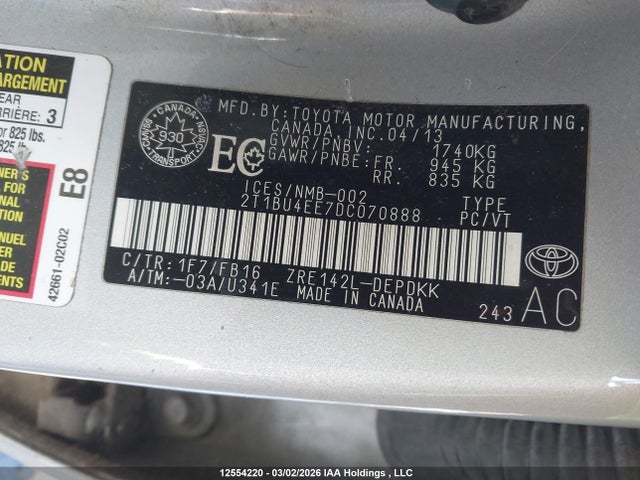 2013 Toyota Corolla მანქანა იყიდება აუქციონზე, vin: 2T1BU4EE7DC070888, აუქციონის ნომერი: 12554220