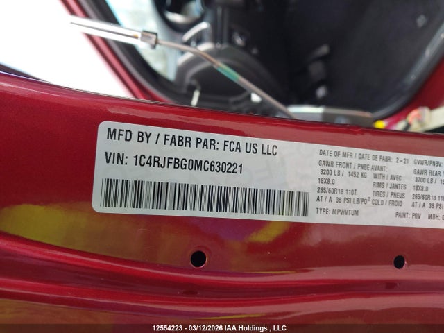Продаж на аукціоні авто 2021 Jeep Grand Cherokee Limited, vin: 1C4RJFBG0MC630221, номер лоту: 12554223