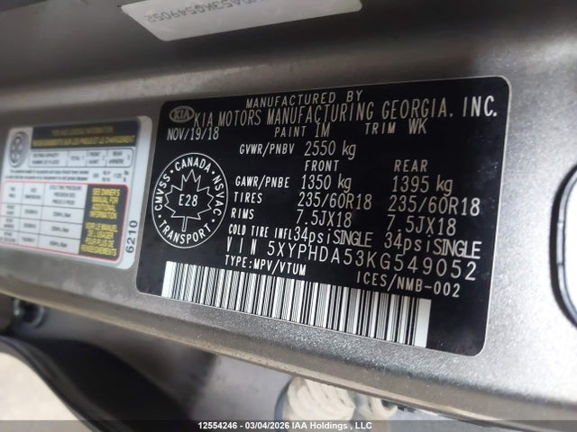 Продаж на аукціоні авто 2019 Kia Sorento 3.3l Ex/3.3l Ex+, vin: 5XYPHDA53KG549052, номер лоту: 12554246