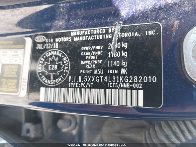 12554247 :رقم المزاد ، 5XXGT4L31KG282010 vin ، 2019 Kia Optima Lx/s مزاد بيع