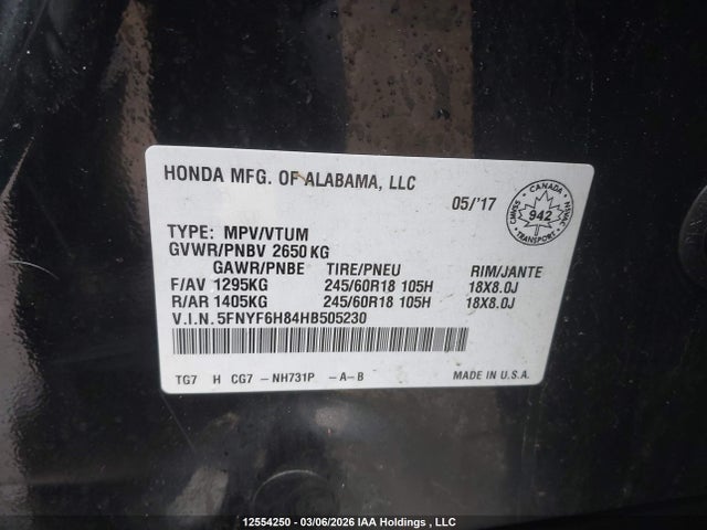 5FNYF6H84HB505230 Honda Pilot Ex-l Res