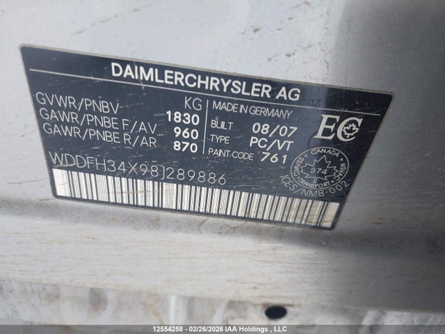 2008 Mercedes-benz B 200 Turbo მანქანა იყიდება აუქციონზე, vin: WDDFH34X98J289886, აუქციონის ნომერი: 12554258