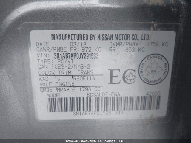 Aukcja sprzedaży 2018 Nissan Sentra S/sv/sr/sl, vin: 3N1AB7AP0JY291533, numer aukcji: 12554289
