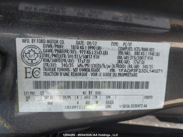 2013 Ford Focus Se მანქანა იყიდება აუქციონზე, vin: 1FADP3F23DL140271, აუქციონის ნომერი: 12554292