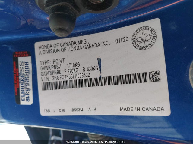 Aukcja sprzedaży 2020 Honda Civic Lx, vin: 2HGFC2F53LH008532, numer aukcji: 12554301