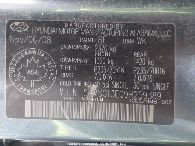 Продаж на аукціоні авто 2009 Hyundai Santa Fe Gl, vin: 5NMSG13E09H259389, номер лоту: 12554316
