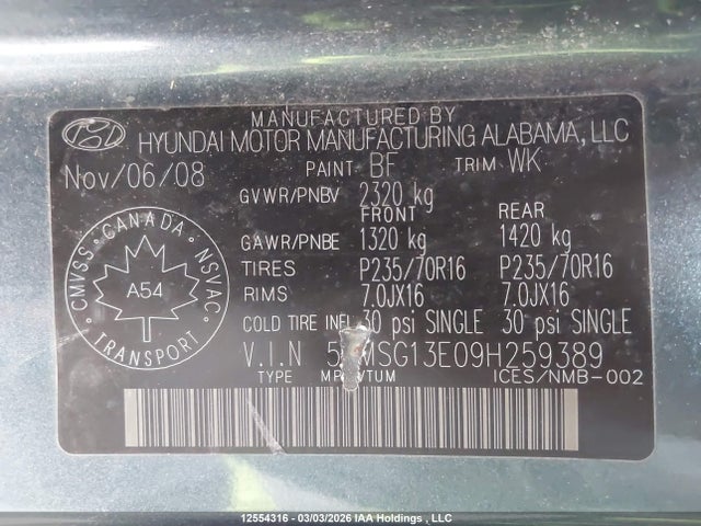 Продаж на аукціоні авто 2009 Hyundai Santa Fe Gl, vin: 5NMSG13E09H259389, номер лоту: 12554316