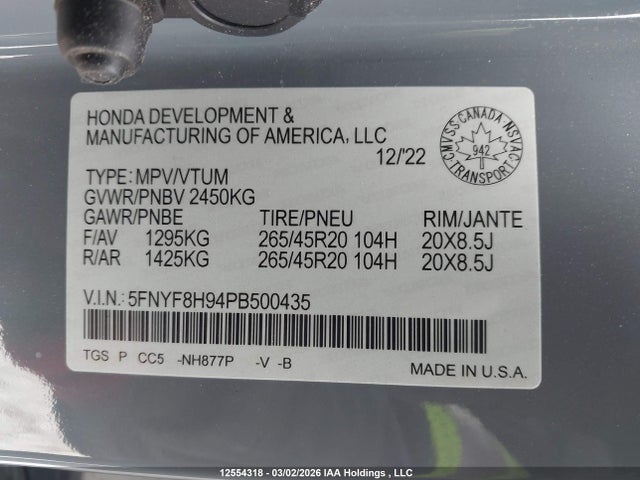Продажа на аукционе авто 2023 Honda Passport Touring, vin: 5FNYF8H94PB500435, номер лота: 12554318
