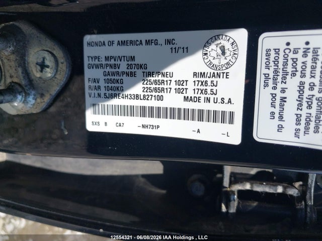 12554321 :رقم المزاد ، 5J6RE4H33BL827100 vin ، 2011 Honda Cr-v مزاد بيع
