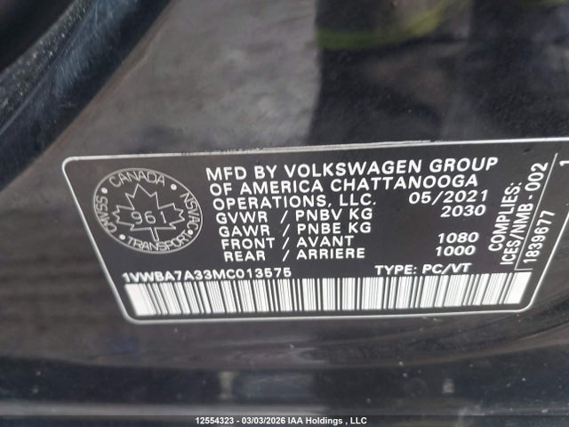 Продажа на аукционе авто 2021 Volkswagen Passat Highline, vin: 1VWBA7A33MC013575, номер лота: 12554323