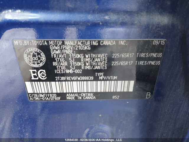 2015 Toyota Rav4 Le მანქანა იყიდება აუქციონზე, vin: 2T3BFREV6FW388839, აუქციონის ნომერი: 12554330