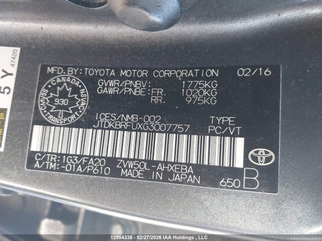 JTDKBRFUXG3007757 Toyota Prius