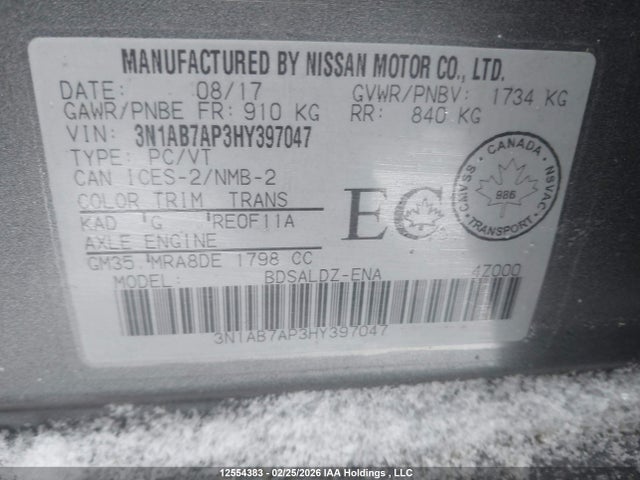 3N1AB7AP3HY397047 Nissan Sentra 1.8 S/1.8 Sl/1.8 Sv