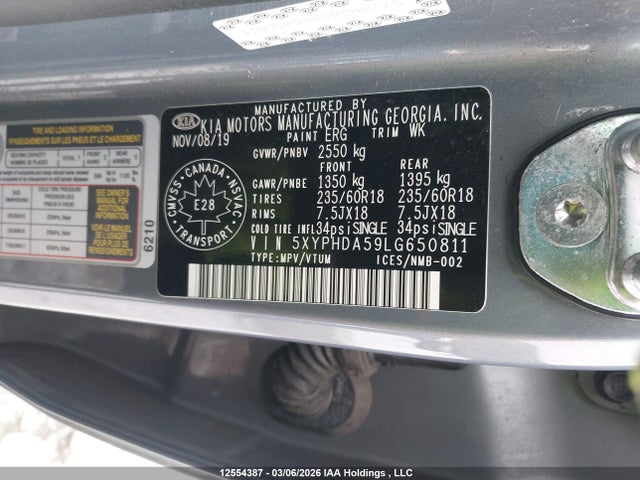 12554387 :رقم المزاد ، 5XYPHDA59LG650811 vin ، 2020 Kia Sorento 3.3l Ex/3.3l Ex+ مزاد بيع
