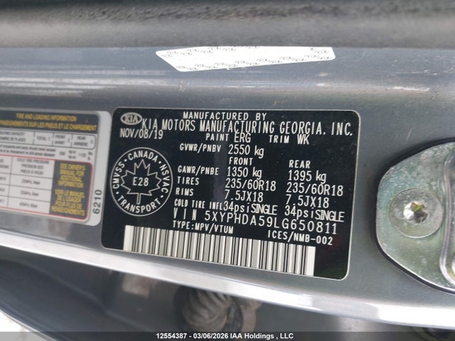 12554387 :رقم المزاد ، 5XYPHDA59LG650811 vin ، 2020 Kia Sorento 3.3l Ex/3.3l Ex+ مزاد بيع