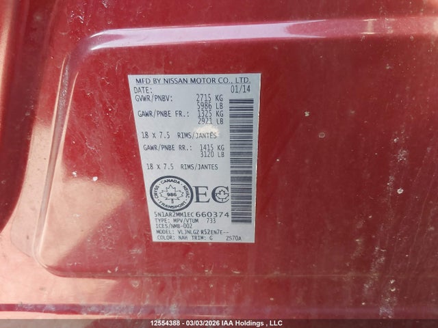 Продажа на аукционе авто 2014 Nissan Pathfinder Platinum/s/sl/sv, vin: 5N1AR2MM1EC660374, номер лота: 12554388