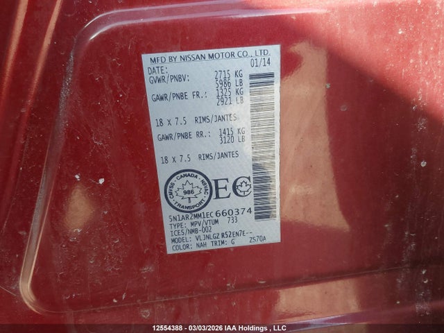 Продажа на аукционе авто 2014 Nissan Pathfinder Platinum/s/sl/sv, vin: 5N1AR2MM1EC660374, номер лота: 12554388