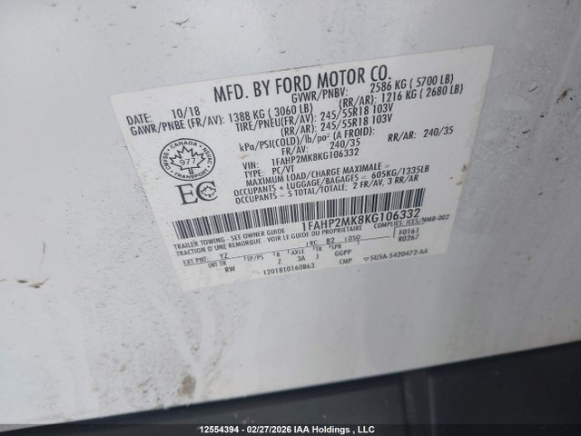Aukcja sprzedaży 2019 Ford Taurus Police Interceptor, vin: 1FAHP2MK8KG106332, numer aukcji: 12554394