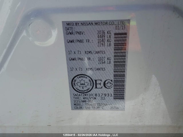 2015 Nissan Rogue S/sl/sv მანქანა იყიდება აუქციონზე, vin: 5N1AT2MT1FC817931, აუქციონის ნომერი: 12554415