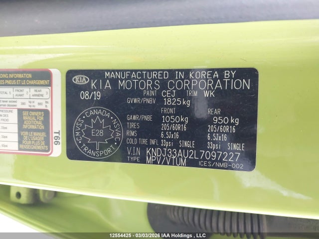 2020 Kia Soul Ex მანქანა იყიდება აუქციონზე, vin: KNDJ33AU2L7097227, აუქციონის ნომერი: 12554425