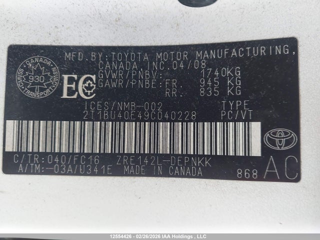 2009 Toyota Corolla მანქანა იყიდება აუქციონზე, vin: 2T1BU40E49C040228, აუქციონის ნომერი: 12554426