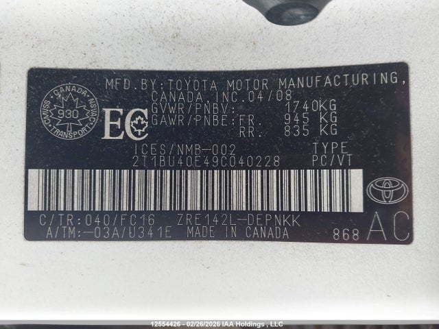 2009 Toyota Corolla მანქანა იყიდება აუქციონზე, vin: 2T1BU40E49C040228, აუქციონის ნომერი: 12554426