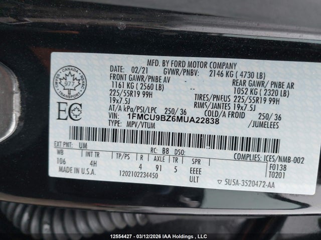 1FMCU9BZ6MUA22838 Ford Escape Se Hybrid