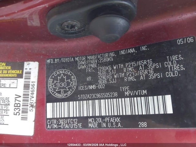 2006 Toyota Sienna Ce/le მანქანა იყიდება აუქციონზე, vin: 5TDZA23C96S505238, აუქციონის ნომერი: 12554433