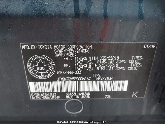 12554440 :رقم المزاد ، JTMBK32V59D006167 vin ، 2009 Toyota Rav4 Sport مزاد بيع